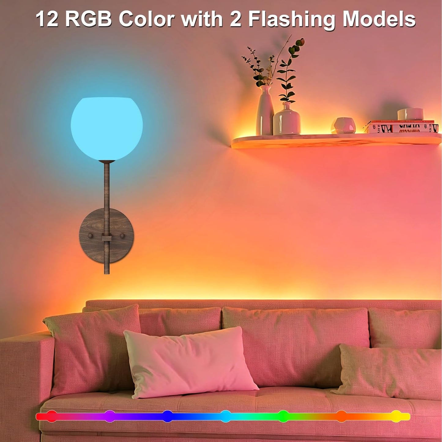 Brass Battery Operated Wall Sconces Set of 2, Rechargeable Wireless Wall Lights with Milky White Frosted Glass, 12 RGB and 3CCT Dimmable, Wall Lamps with Remote for Bedroom Living Room Hallway