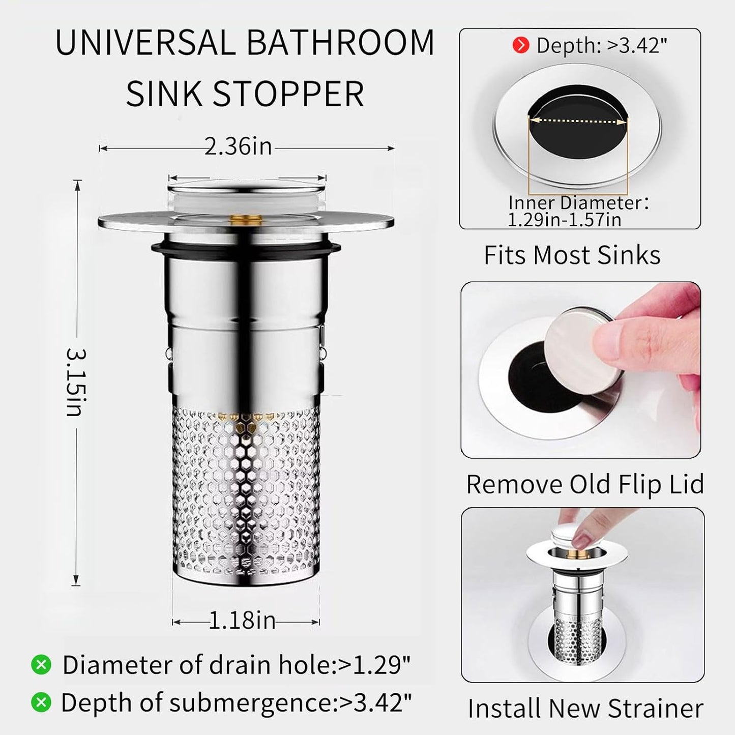 2 PCS 3-in-1 Bathroom Sink Drain Strainer Stopper，Stainless Steel Pop-up Strainer Basket Hair Catcher with Removable Basket, Brass Bullet Core, Universal Fit for Bathtubs, Showers & Floor Drains