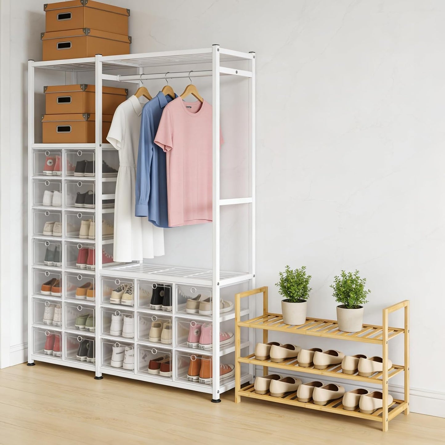 4 Tier Bamboo Wooden Shoe Rack for Closet & Entryway, Free Standing Shoe Rack Stand Organizer Shelf for Garage, Bedroom, Small Space Storage, Stackable