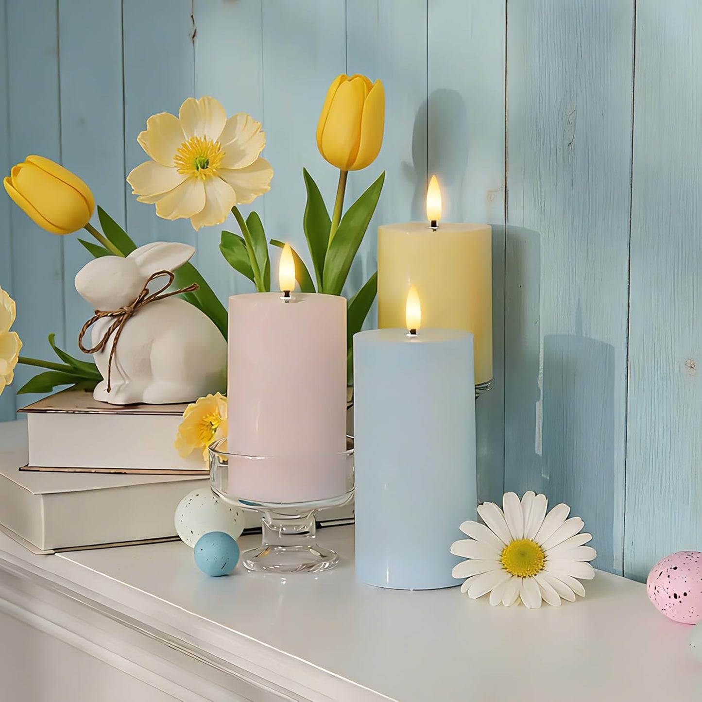 White Flameless Pillar Candles, Battery Operated Wax Candles with Remote, Flat Top Flickering Flameless Candles, LED Candle for Home, Wedding, Party Decor, Set of 3, Φ 3" H 4" 5" 6"