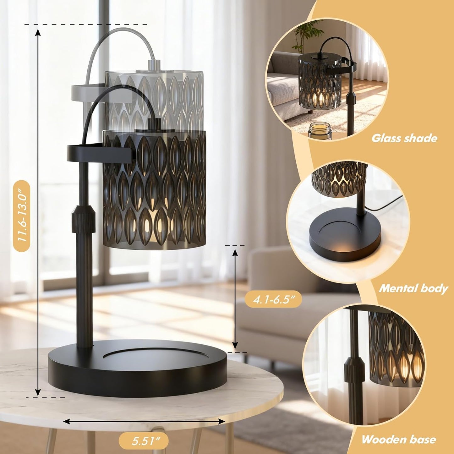 Candle Warmer Lamp with Timer & 4-Level Dimmer, Electric Wax Warmer for Jar Candles, Black Home Decor with 2 Bulbs, Gift for Women, Men, Housewarming