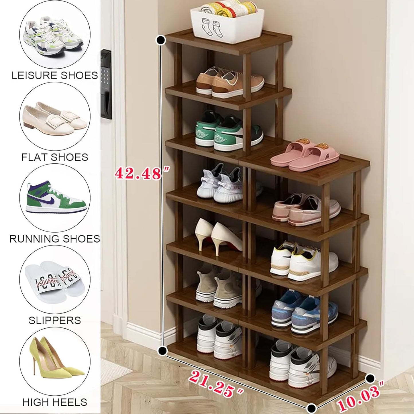 Vertical Shoe Rack - Tall Narrow Shoe Rack Organizer for Small Spaces,5 Tier Bamboo Shoen Shelf for Entryway,Closet,Corner,Doorway,Skinny Shoe Shelf Space Saving Shoe Storage,Free Stackable DIY