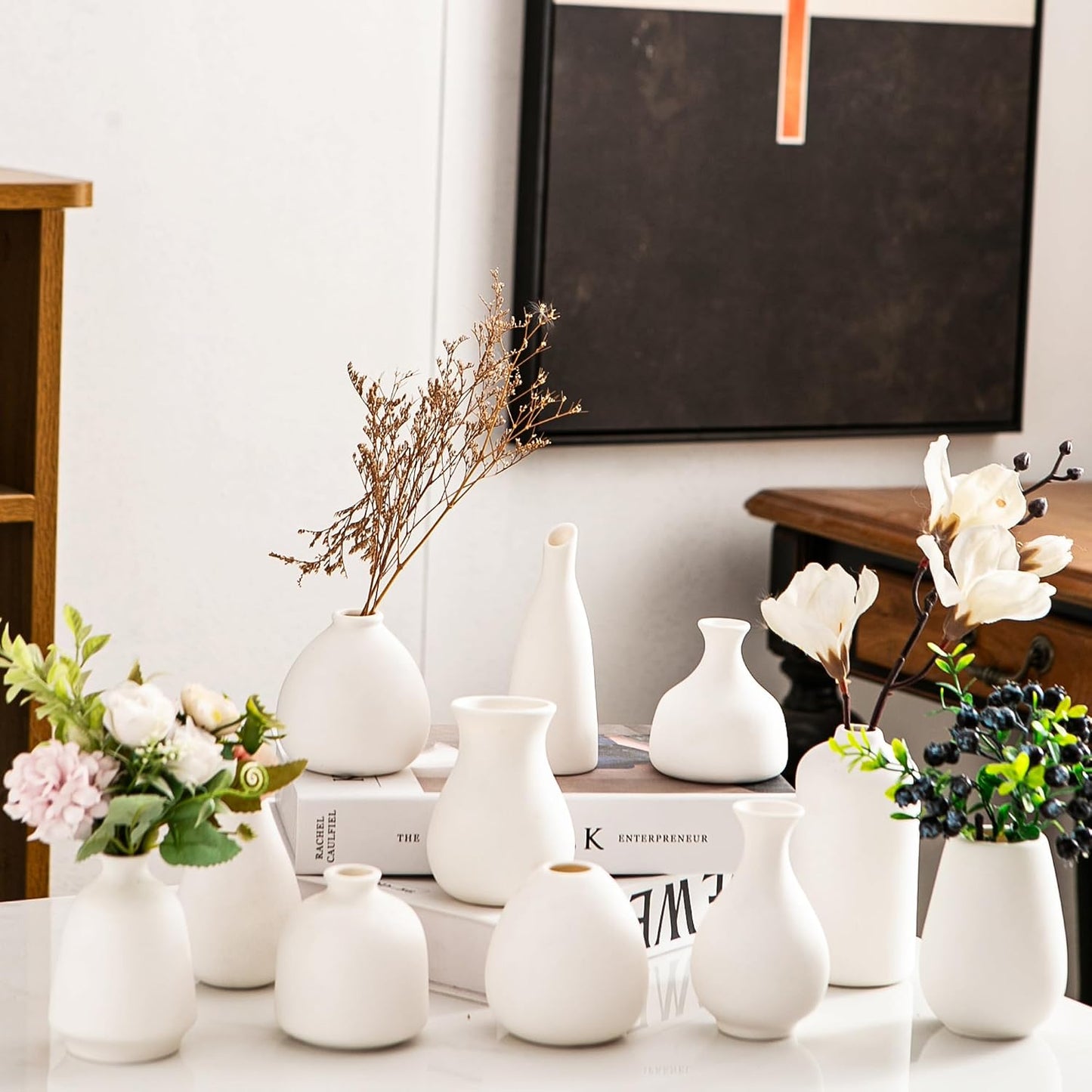 Small Ceramic Vase Set of 5, Modern White Vase, Bud Vase, Boho Decorative Vase for Fireplace, Entryway and Living Room, Centerpiece Table Decorations
