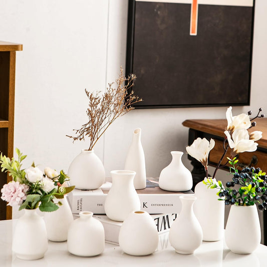 Small Ceramic Vase Set of 5, Modern White Vase, Bud Vase, Boho Decorative Vase for Fireplace, Entryway and Living Room, Centerpiece Table Decorations