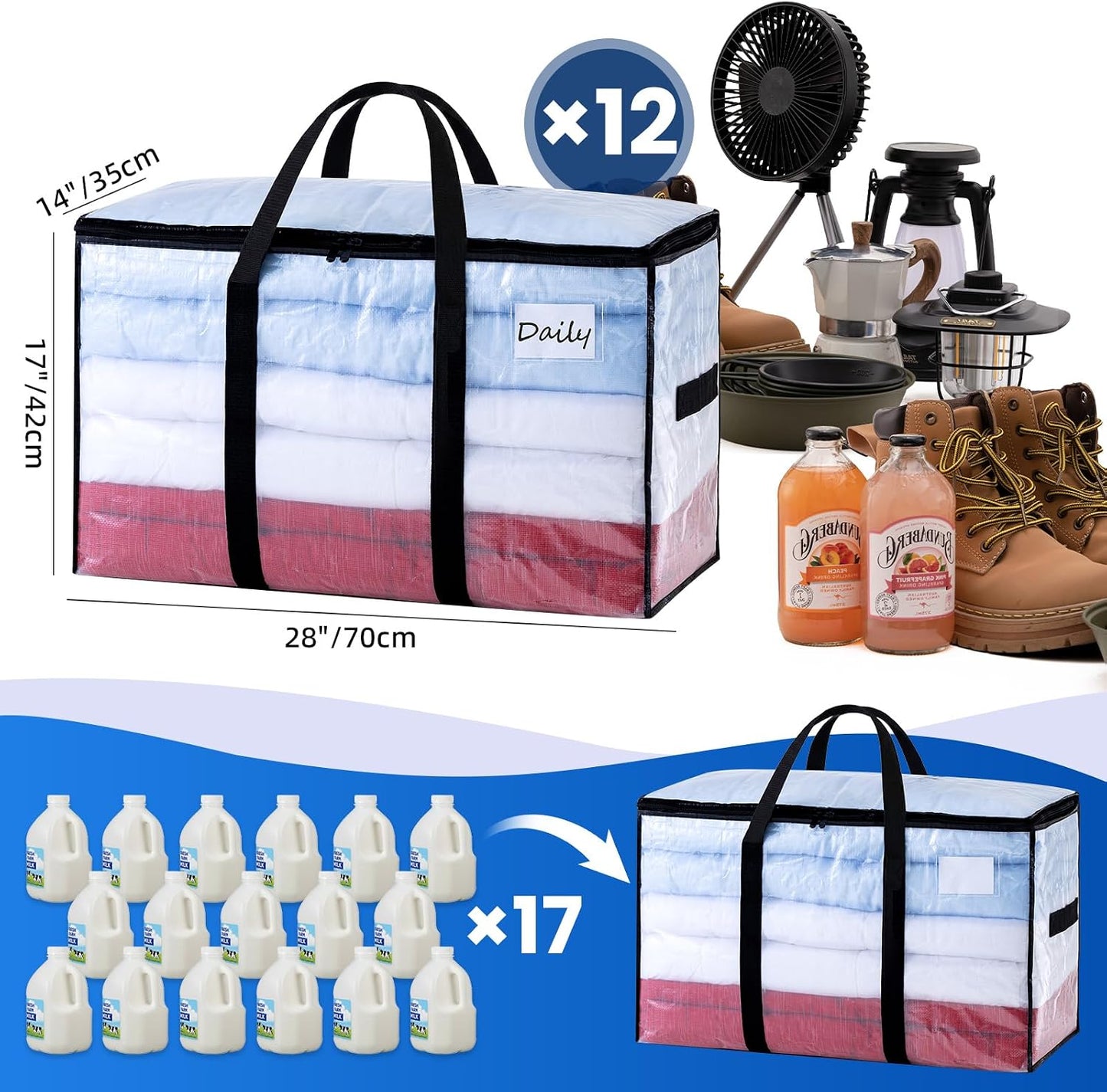 TAILI Extra Large Moving Bags, 4 Pack Blue Heavy Duty Totes For Storage with Visible Window, Wrap Around Handles, Storage Bags for Space Saving, Alternative to Moving Boxes