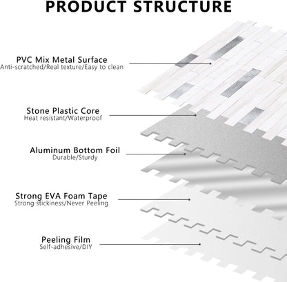 STICKGOO Peel and Stick Backsplash Tile, Stick on Backsplash for Kitchen and Bathroom, Volakas White Look PVC Mixed Metal Silver Self Adhesive Wall Tiles(Sample)