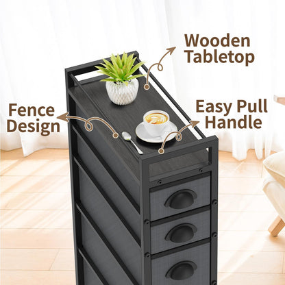 LASZOLA 5 Drawer Narrow Dresser Slim Cabinet Skinny Storage Tower Chest, Ideal for Small Spaces Bathroom, Between Washer and Dryer, Lightweight Mobile on Wheels, Sturdy Fabric Drawers, Black