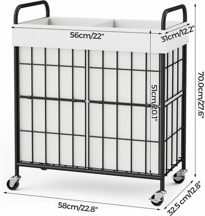 2 Section Laundry Hamper with Wheels and Brake, 100L Laundry Sorter Cart with 2 Removable Liner Bags, Metal Handle, Rolling Laundry Basket for Bedroom Laundry Room