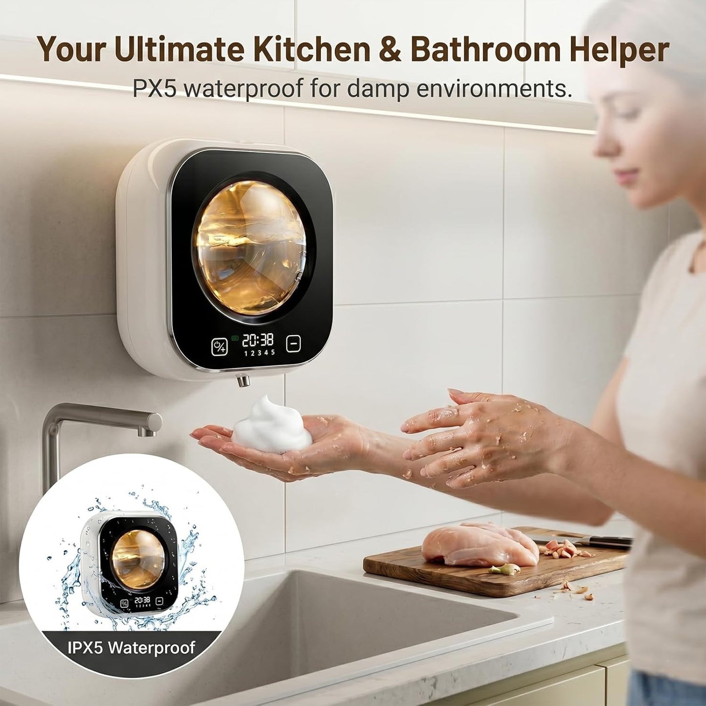 Automatic Foam Soap Dispenser Bathroom,Wall Mounted Touchless Foaming Soap Dispenser Rechargeable with Smart LCD Display & 5-Level Adjustable Foam,Electric Dispenser for Kitchen Office (White)