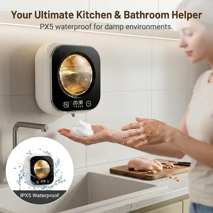 Automatic Foam Soap Dispenser Bathroom,Wall Mounted Touchless Foaming Soap Dispenser Rechargeable with Smart LCD Display & 5-Level Adjustable Foam,Electric Dispenser for Kitchen Office (White)