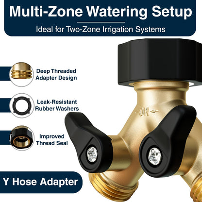 DBR Tech® Heavy Duty 2 Way Hose Splitter (Premium Brass for Superior Durability), Wye Garden Hoses Connector for Water Spigot Faucet Bib Tap, Double Shut Off Valve, Y Adapter, Rust-Resistant Finish