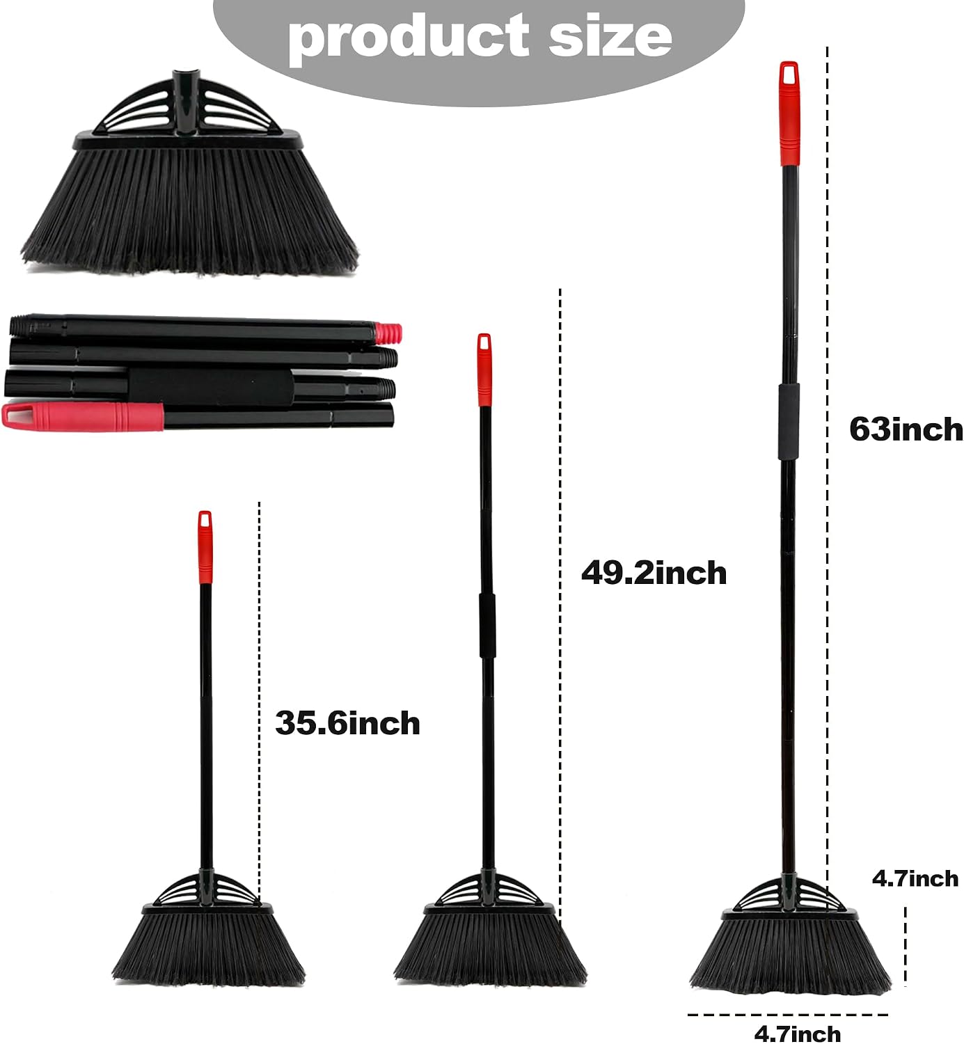 Four-Section Rod Long-Handled Broom,Heavy-Duty Broom, Angle Broom for Outdoor/Indoor（Black+Orange）