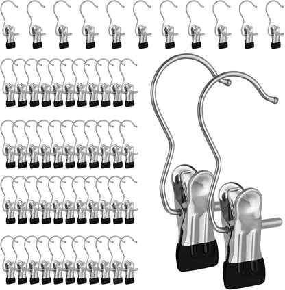 50PCS Space-Saving Clothespin Hat Pants Storage Hanging Travel Hook, Portable 360° Rotating Stainless Steel Hanging Hook Clips Towel Clips,Laundry Hooks Hanging Clips with Clips for Home and Travel
