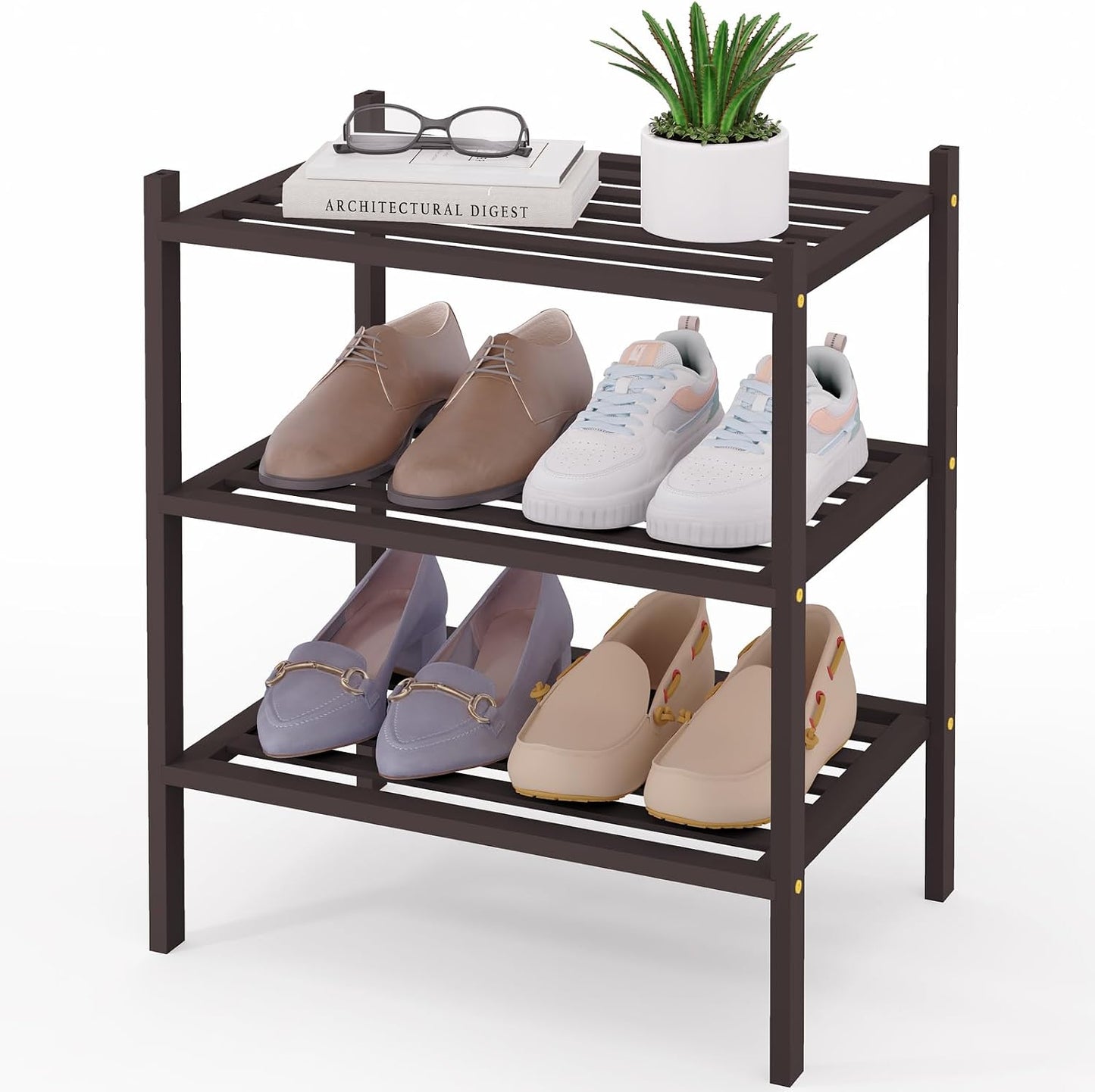 Smiry Bamboo Shoe Rack, 3 Tier Free Standing Wooden Shoe Organizer, Stackable Wood Shoe Storage Shelf for Closet, Entryway, 5 Horizontal Slats, 26.8"x11"x18.3", Natural