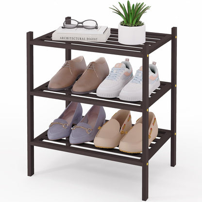 Smiry Bamboo Shoe Rack, 3 Tier Free Standing Wooden Shoe Organizer, Stackable Wood Shoe Storage Shelf for Closet, Entryway, 5 Horizontal Slats, 26.8"x11"x18.3", Natural
