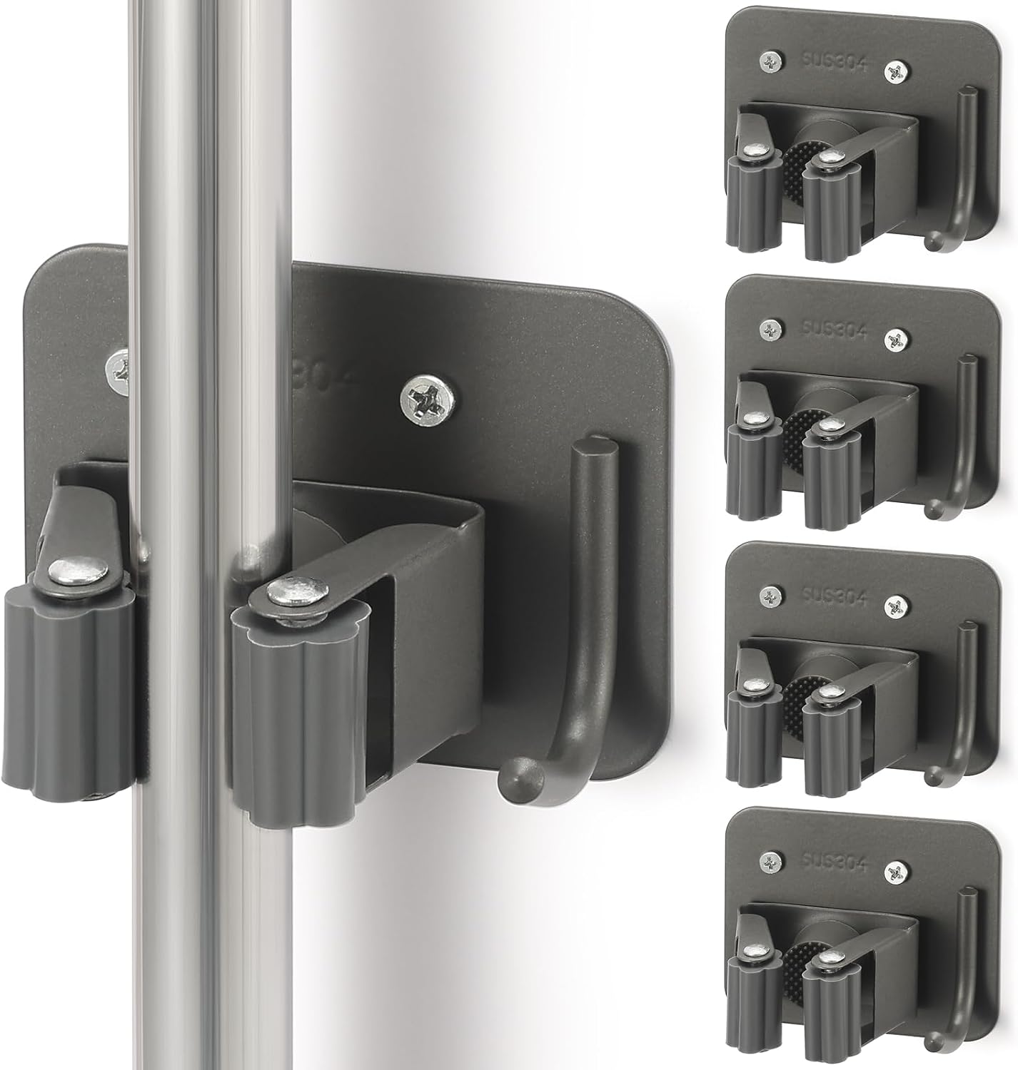 Stainless Steel Broom Holder, Heavy Duty, Rust Resistant, 4 Gripper Positions with 4 Hooks, Black
