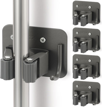 Stainless Steel Broom Holder, Heavy Duty, Rust Resistant, 4 Gripper Positions with 4 Hooks, Black