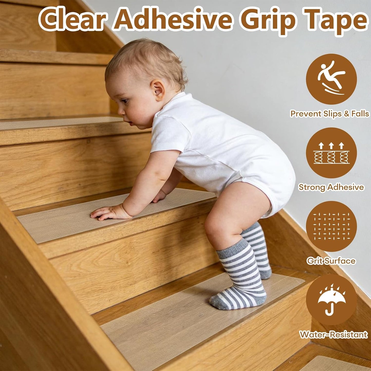 10 Pack 6” x 30” Anti Slip Traction Treads with Glow in The Dark Stripe, Outdoor Waterproof Non Skid Pre-Cut Tape with Roller, High Traction Friction Abrasive Adhesive for Stairs Step