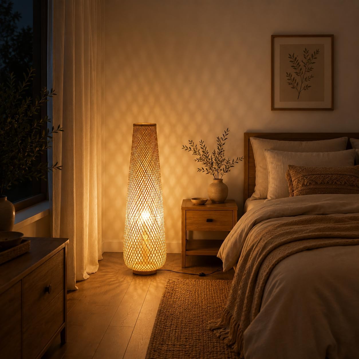 MIXL-Farmhouse Style Bamboo Floor Lamp,Large Wicker Indoor Floor Light,Boho Standing Light Plug in,Modern Minimalist Standing Lamp for Living Room Bedroom