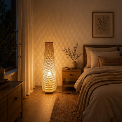 MIXL-Farmhouse Style Bamboo Floor Lamp,Large Wicker Indoor Floor Light,Boho Standing Light Plug in,Modern Minimalist Standing Lamp for Living Room Bedroom