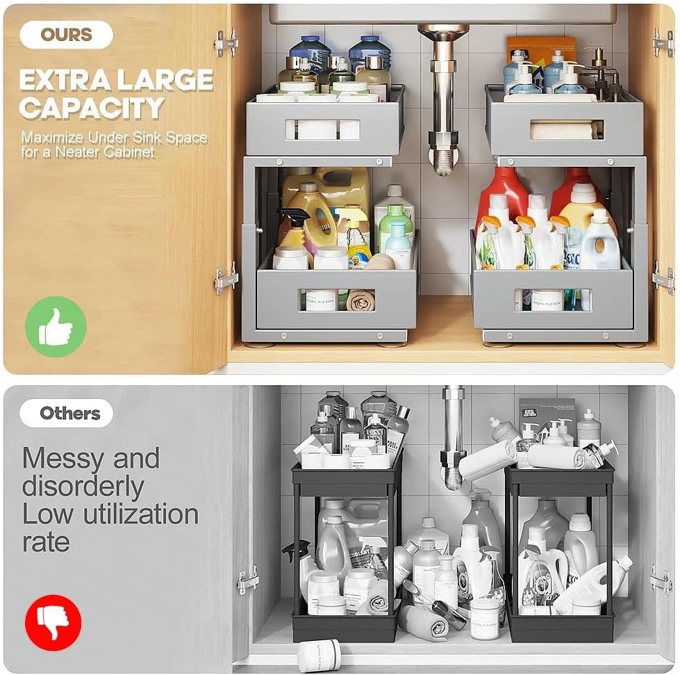 Under Sink Organizer, 2-Tier Dual Pull Out Cabinet Organizer Drawers With Smooth Circular Rail, Large Capacity Metal Mesh Sliding Shelves For Bathroom& Kitchen Storage,Height Adjustable–White,2 Packs