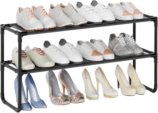 Long Shoe Rack, 3-Tier Stackable Shoe Organizer for Closet, Entryway, Hallway, Extra Bottom Layer, Holds 16-20 Pairs, Sturdy & Durable Waterproof Fabric Shelf, Space-Saving,Black(35.8" Wide)