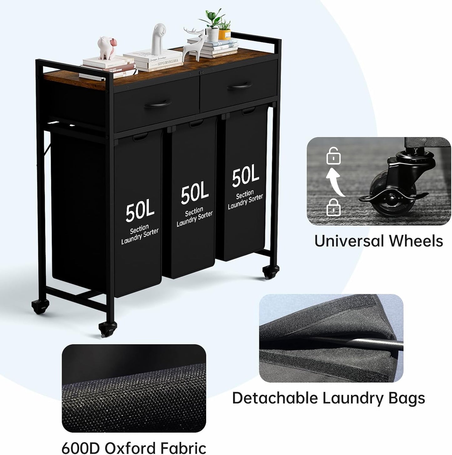Laundry Sorter with 3 Section Pull Out Bags Rolling Laundry Basket Organizer with 2 Drawers Laundry Hamper with Shelves and Wheels for Laundry Room, Bathroom, Bedroom Organization(2 Tier)