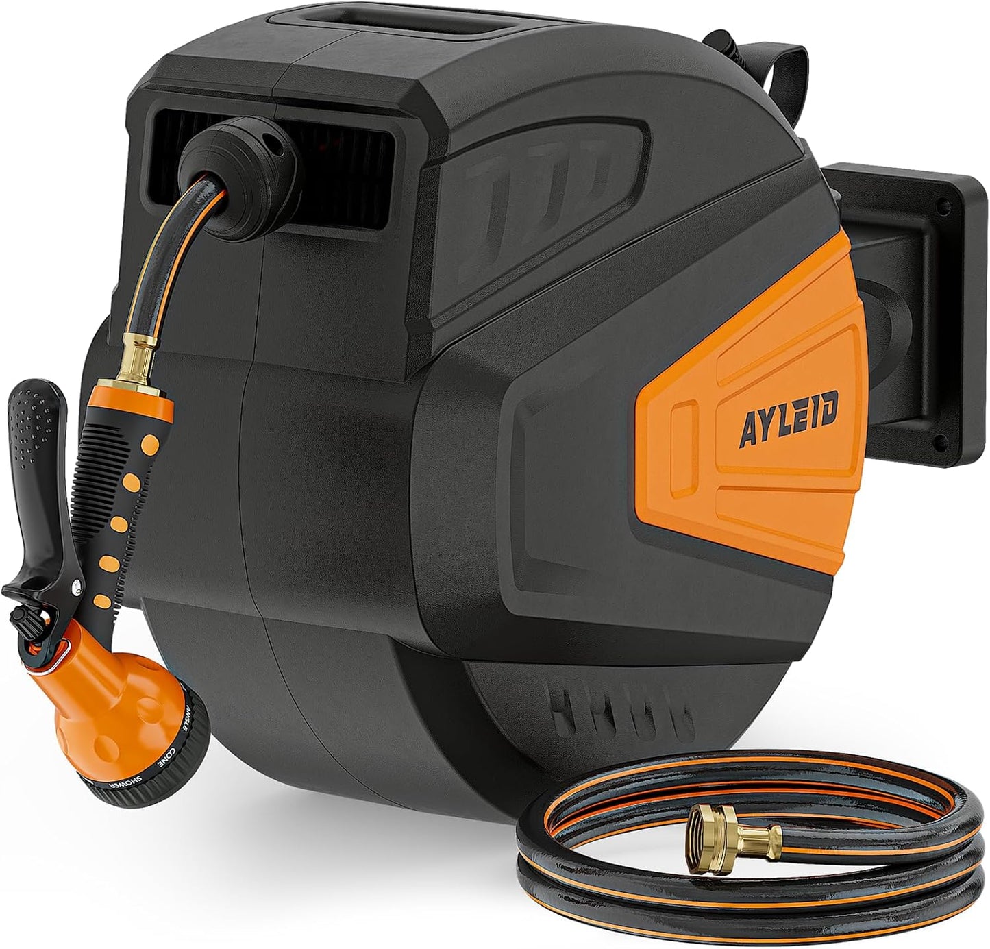 Ayleid Retractable Rubber Hybrid Garden Hose Reel, 1/2"x100ft Wall Mount | Anti-freeze, kink-free premium rubber hybrid hose, 24-month warranty, 9-pattern sprayer, any-length lock, slow auto-return.