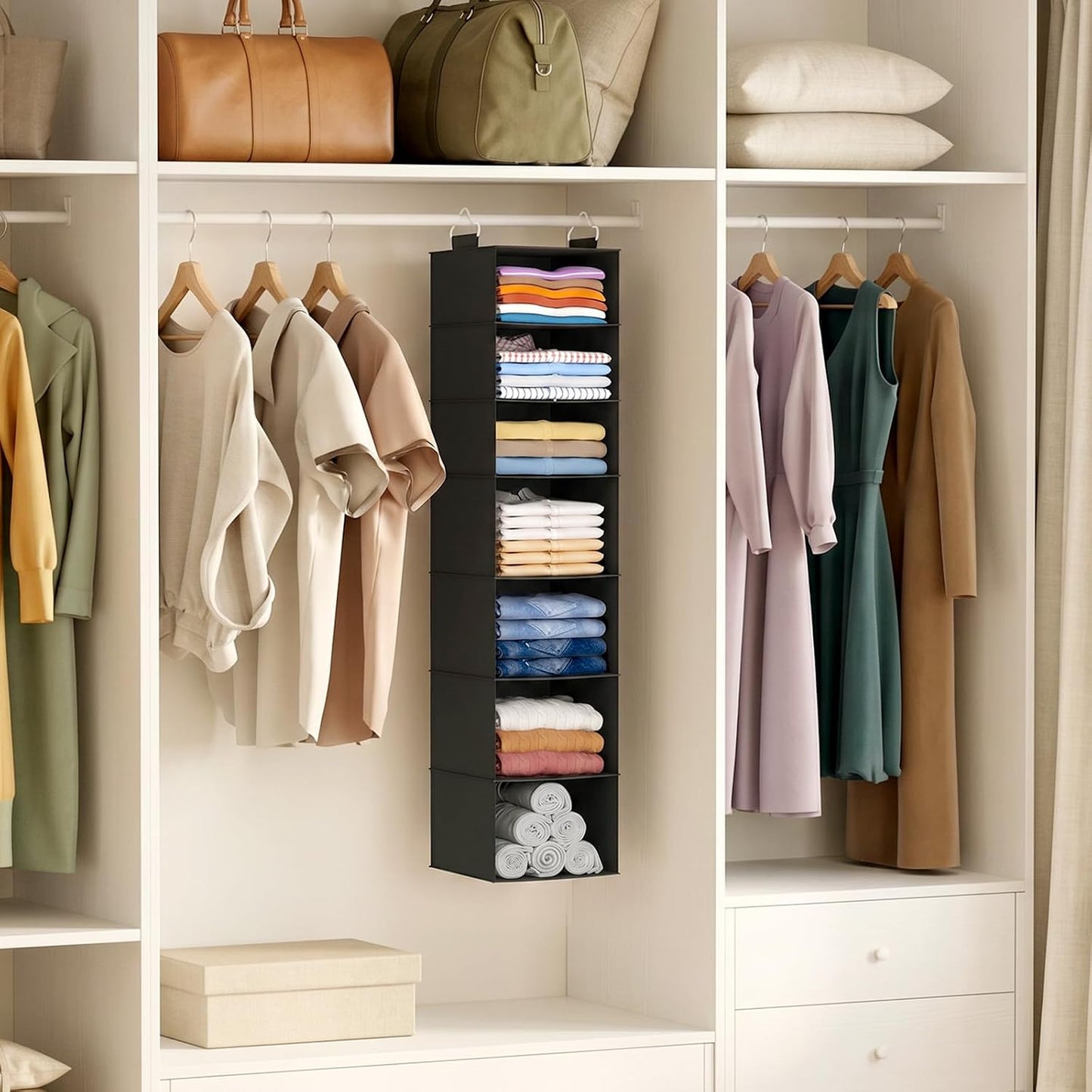 Lifewit 5 Tier Hanging Closet Organizer and Storage for Shelves, Foldable Clothes Shelf with 2 Sturdy Hooks, Sweater/Coat/Shoes Clothing Organization for Wardrobe, Dorm, Bedroom, Gray