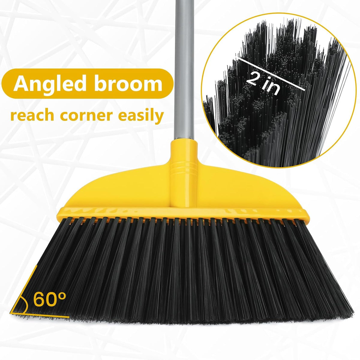 Indoor Broom for Floors 55” Soft Bristle Brooms for Sweeping Indoor/Outdoor to Clean Kitchen, Lobby, Office, Hardwood, Tile, Concrete, Patio, Deck-Yellow
