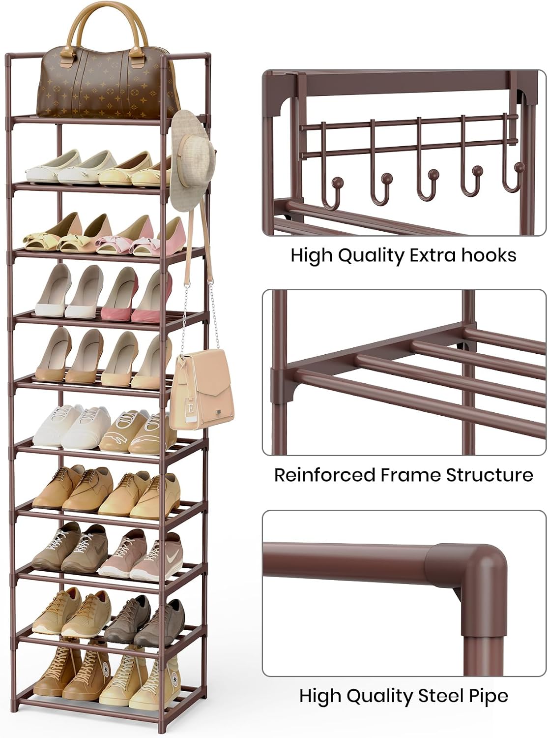 Narrow Shoe Rack 10 Tiers Tall Shoe Rack for Entryway Closet 20 24 Pairs Shoe & Boots Organizer Storage Shelf Durable Black Metal Stackable Shoe Cabinet with Hooks, 17.1D x 11.8W x 78.7H in