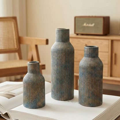 White Ceramic Flower Vases Set of 3, Modern Matte Vertical Ribbed, Nordic Minimalist Decor for Pampas, Dried & Fresh Flowers, Centerpiece for Living Room, Shelf, Entryway, Wedding,Office