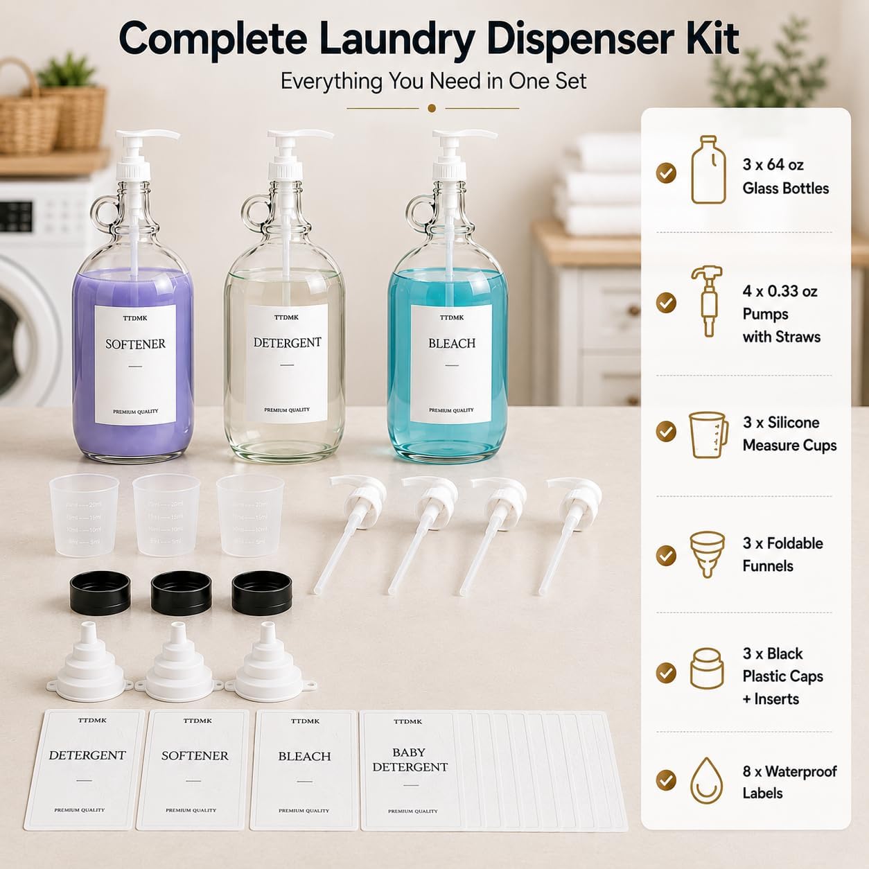 2 Pcs Glass Liquid Laundry Detergent Dispenser, Half Gallon Laundry Soap Dispenser for Laundry Room (64 oz. Each), Laundry Detergent Bottles with Pump Dispenser -Includes Labels, Funnel, Measuring Cup