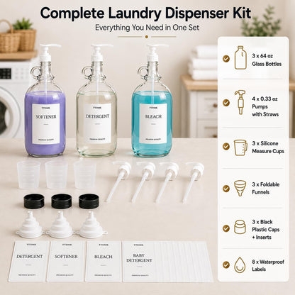 2 Pcs Glass Liquid Laundry Detergent Dispenser, Half Gallon Laundry Soap Dispenser for Laundry Room (64 oz. Each), Laundry Detergent Bottles with Pump Dispenser -Includes Labels, Funnel, Measuring Cup