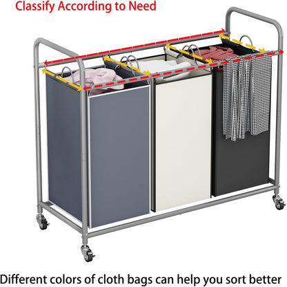 LINZINAR 3-Bag Laundry Hamper, Black Laundry Basket, 35.6 Gal(135 L) Laundry Sorter Cart Laundry Room Organization with Heavy Duty Rolling Lockable Wheels and Removable Bags