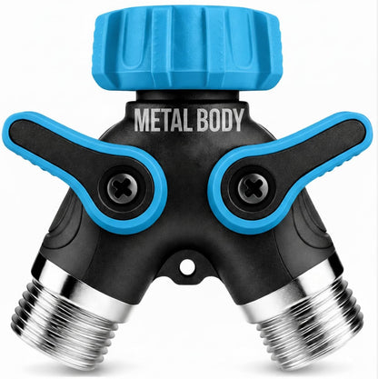 2 Way Hose Splitter Heavy Duty - Metal Y Garden Hose Splitter with Shutoff Valves, Brass Outdoor Faucet Adapter for Spigot, 3/4 Inch GHT Water Hose Connector - Green