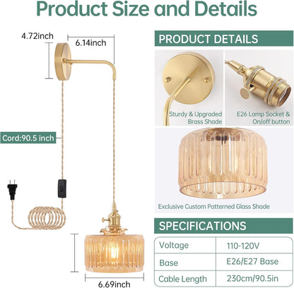 Shenmoyl Vintage Battery Operated Wall Sconce with Clear Striped Glass Lampshade 5000 mAh Rechargeable Battery Powered Wall Light with Remote Control for Bedside Bedroom Doorway, Set of 2