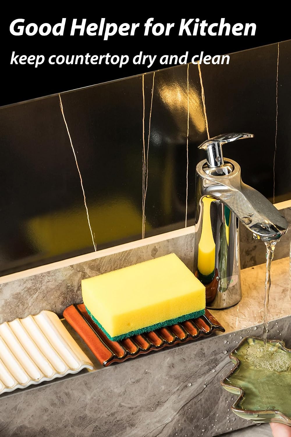 Self Draining Soap Dish, Ceramic Drain Soap Holder Waterfall Design Soap Saver for Shower, Bathroom, Sink, Kitchen and Countertop, Keeps Dry, Green