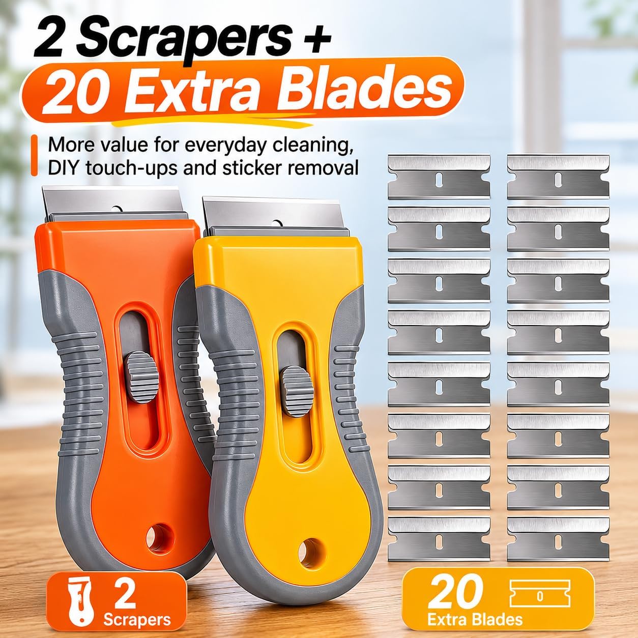 Razor Blade Scraper Set, 2 Safety-Lock Handles + 20 Steel Blades | Steel Blades Retract into Plastic Handles, Removes Stickers, Labels, Paint, Caulk and Residue From Windows, Cooktops and Tile