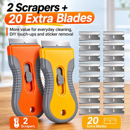 Razor Blade Scraper Set, 2 Safety-Lock Handles + 20 Steel Blades | Steel Blades Retract into Plastic Handles, Removes Stickers, Labels, Paint, Caulk and Residue From Windows, Cooktops and Tile