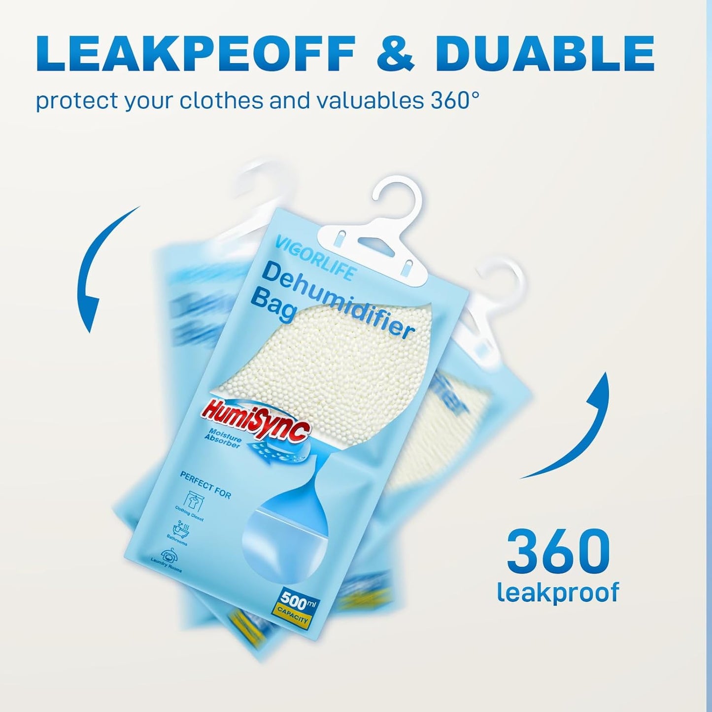 Moisture Absorbers, Hanging Closet Dehumidifier Bags 9.8 OZ, Portable Dehumidifiers for Wardrobes, Bathrooms & Bedrooms, Humidity Packs Attract Excess Moisture, Desiccant 5 Pack (Blue)