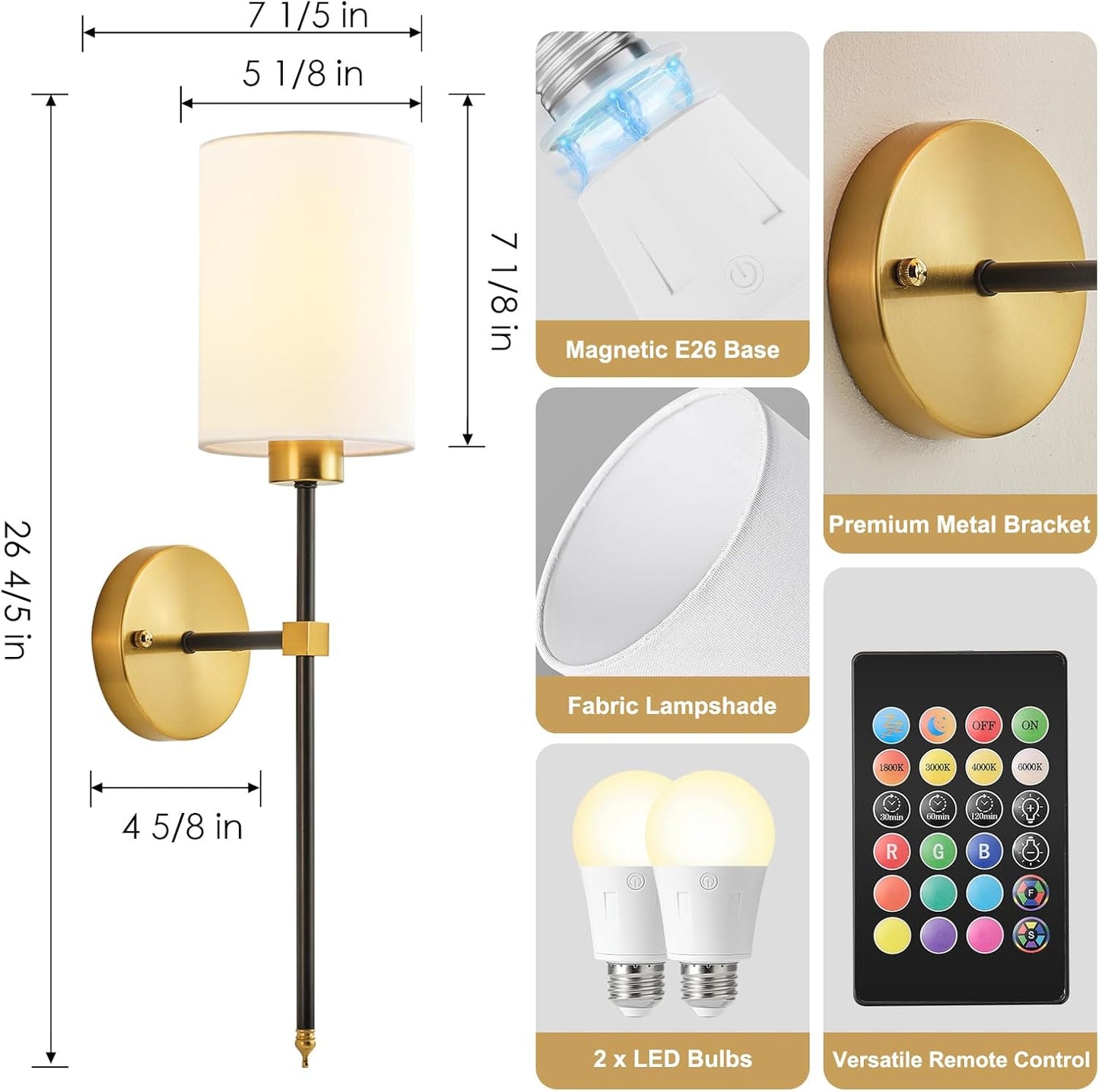 Battery Operated Wall Sconces Set of Two,Wireless Rechargeable Wall Light With Remote Control, Dimmable, Amber Light/Warm White/Natural White/Daylight/RGB, Timer,for Living Room,Bedroom,Entryway,Gold