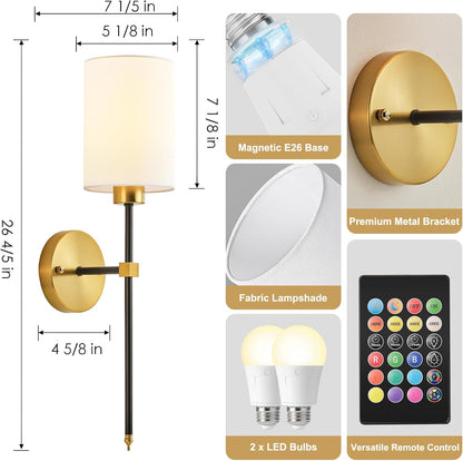 Battery Operated Wall Sconces Set of Two,Wireless Rechargeable Wall Light With Remote Control, Dimmable, Amber Light/Warm White/Natural White/Daylight/RGB, Timer,for Living Room,Bedroom,Entryway,Gold
