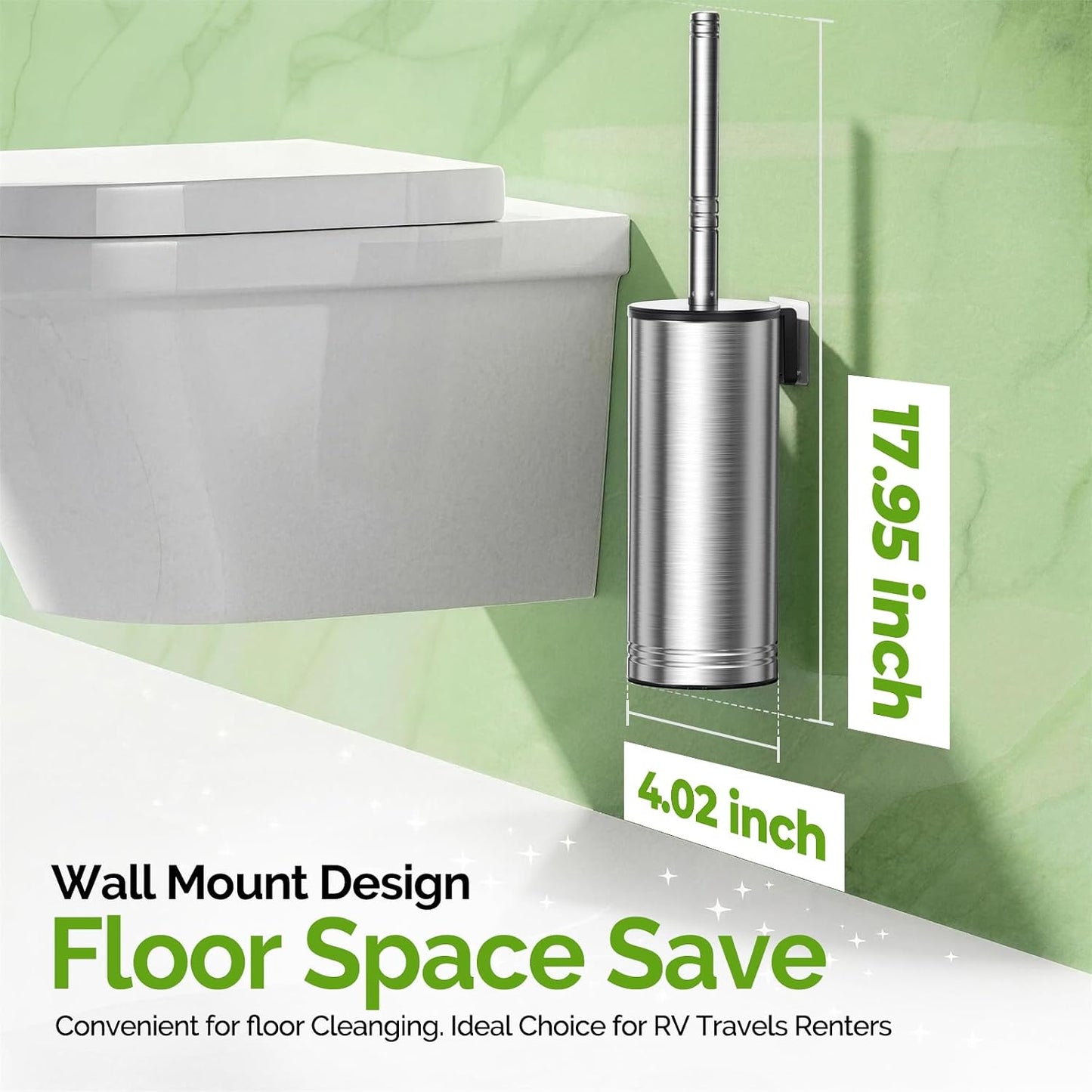 HAMITOR Toilet Brush and Holder Set: 304 Stainless Steel Heavy Duty Bowl Cleaner Brush - Deep Cleaning Under Rim Curved Bristle - Space Saving Wall-Mounted for Home RV Bathroom Accessories Silver