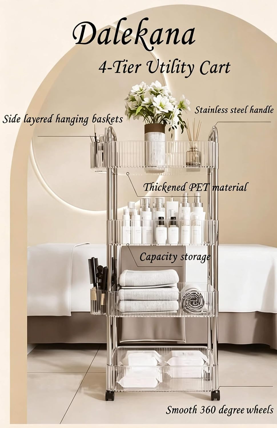 4-Tier Plastic Rolling Utility Cart with Wheels, Multifunctional Storage Organizer Cart for Home, Office, Kitchen & Bathroom, Ultra Narrow & Clear, 4.7”W * 12.8”L * 33”H