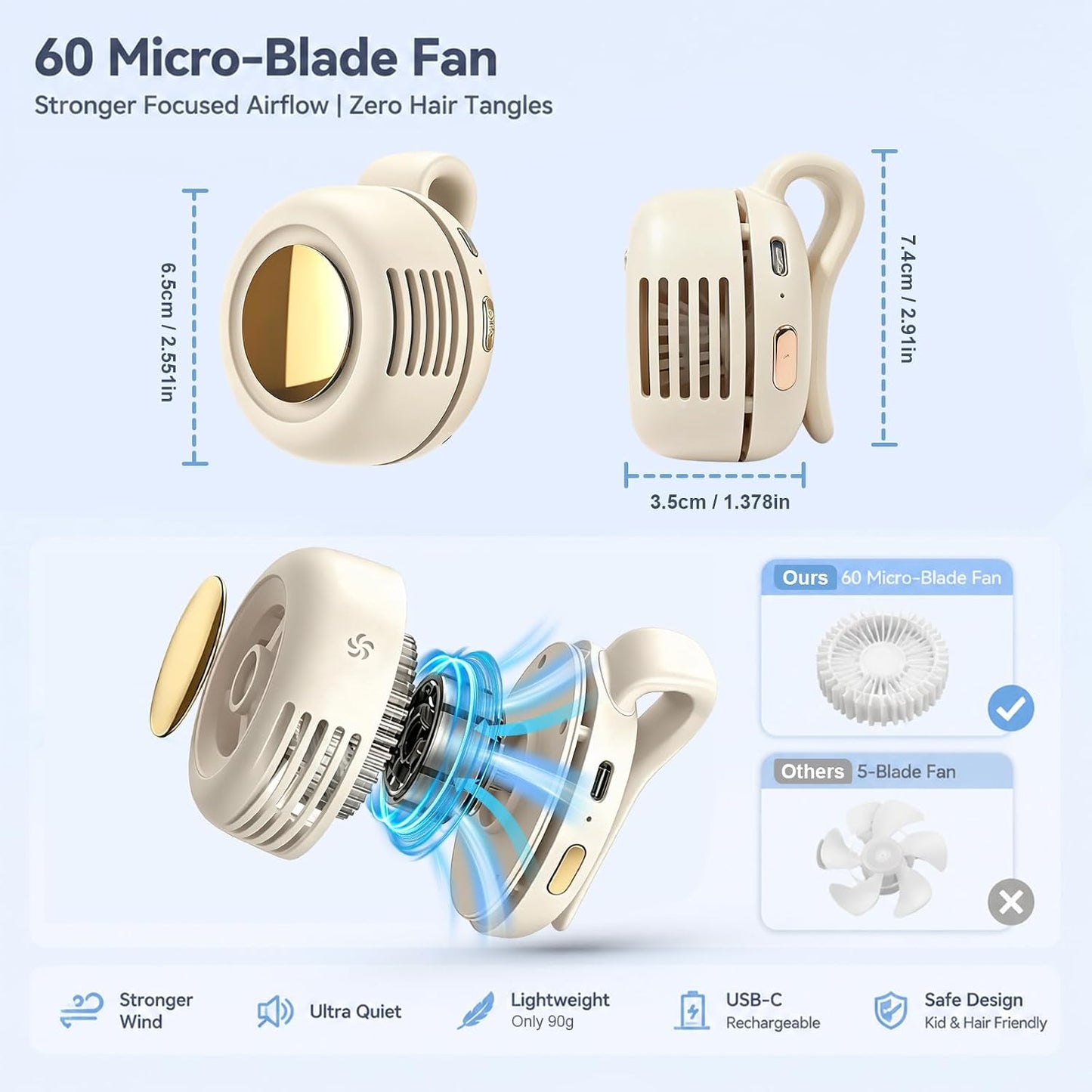 Portable Clip-on Fan, Silent Bladeless Mini fan, 360°Rotation 3-speed Modes Whirlwind Fans For Waist Clips Hands-Free Cooling Fan Suitable For Outdoor Sports Trip Work Travel White