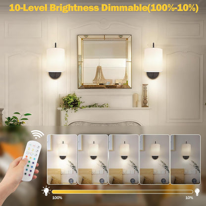MATAMEYE Battery Operated Wall Sconce Set of 2, Black Rechargeable Wireless Wall Light Fixture with Remote, 12 RGB Colors & Timer, Indoor Dimmable Wall Lamp with Linen Shade