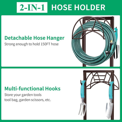 TomCare Garden Hose Holder 4 Spikes Garden Hose Reel Hose Stand Upgraded Water Hose Storage with Tool Hooks Garden Hose Hanger Organizer Holds 160ft Hoses for Outside Yard Lawn, Black
