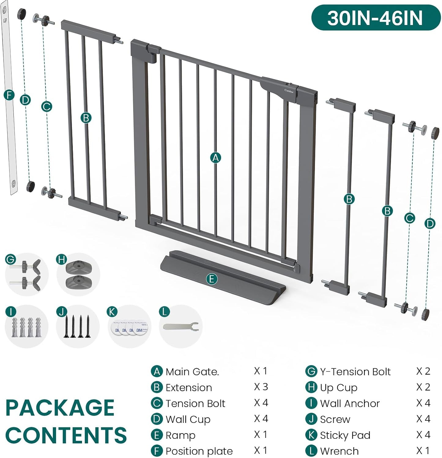 Cumbor 30-46" Baby Gate for Stairs, Mom's Choice Awards Winner-Auto Close Dog Gate for The House, Gifts for Mom, Easy Install Pressure Mounted Pet Gates for Doorways, Black