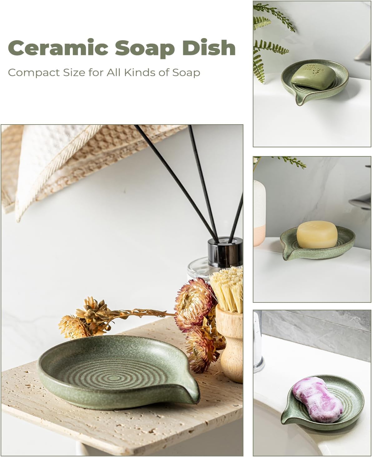 Self Draining Soap Dish, Ceramic Drain Soap Holder Waterfall Design Soap Saver for Shower, Bathroom, Sink, Kitchen and Countertop, Keeps Dry, Green